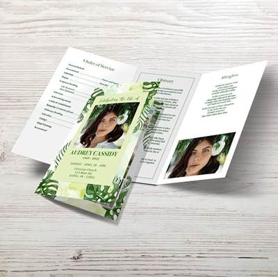 Show details for Green Leaf Watercolor Trifold Program